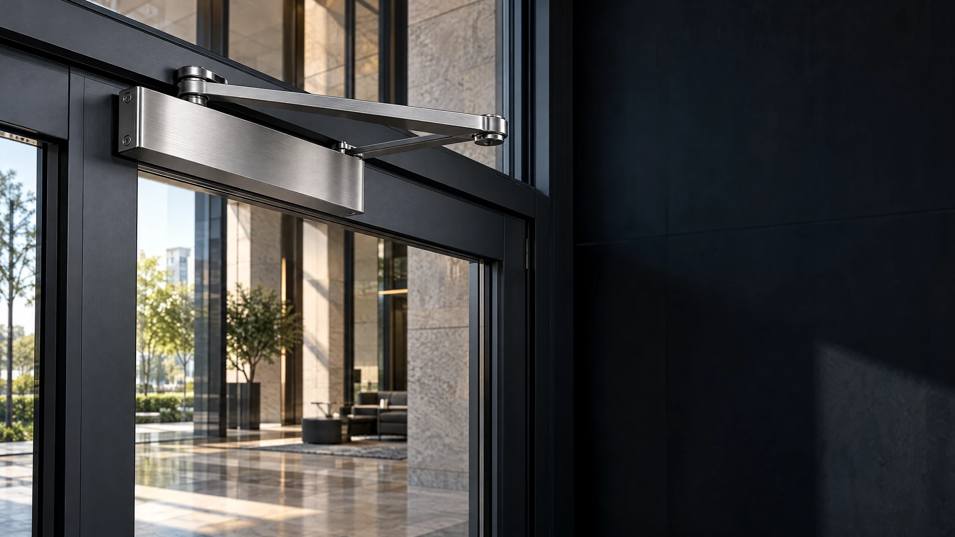Premium overhead door closer installed on a contemporary glass entrance door