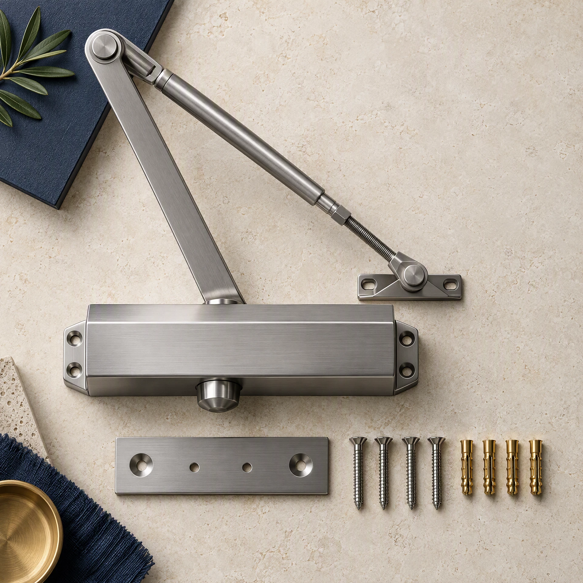 Brushed metal door closer hardware arranged on a work surface